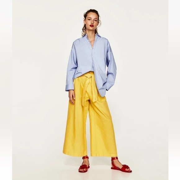 Zara Yellow Linen Wide Leg Paper Bag Cropped Palazzo Pants sz XS - Picture 1 of 16